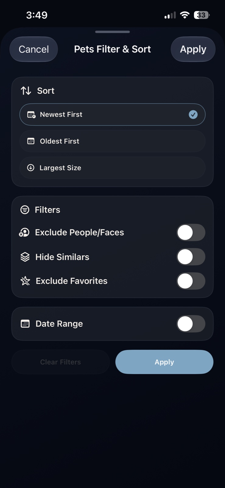 Pets Filter and Sort controls, including newest, oldest, largest size, Exclude People/Faces, Hide Similars, Exclude Favorites and Date Range