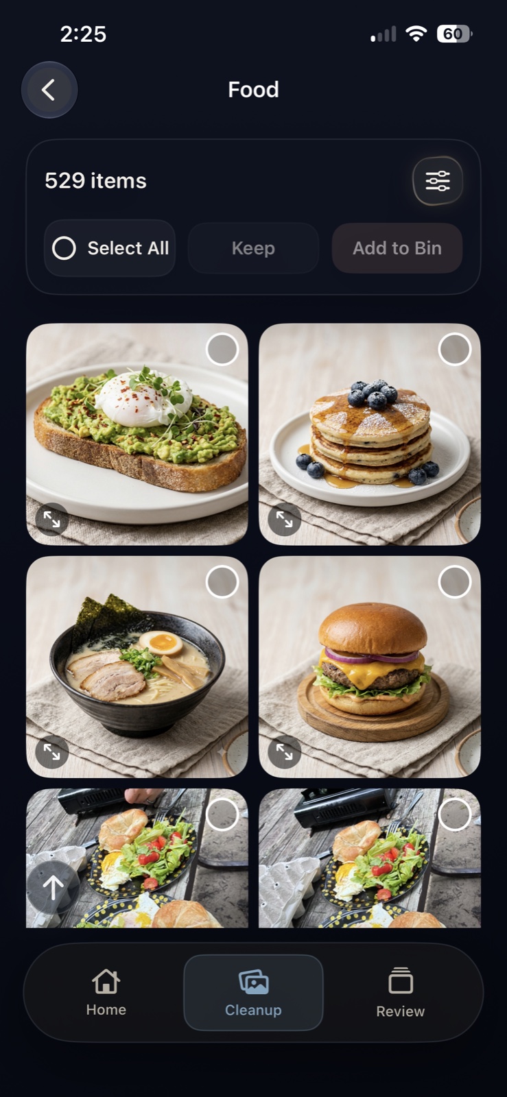 Food category showing meals and repeated food photos, with Keep and Add to Bin controls