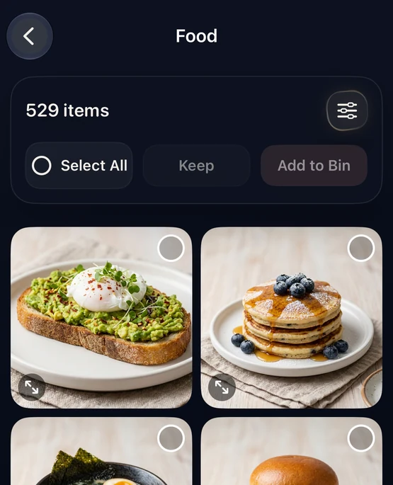 CleanLens Food category showing 529 iPhone photos in a two-column review grid with selection controls.